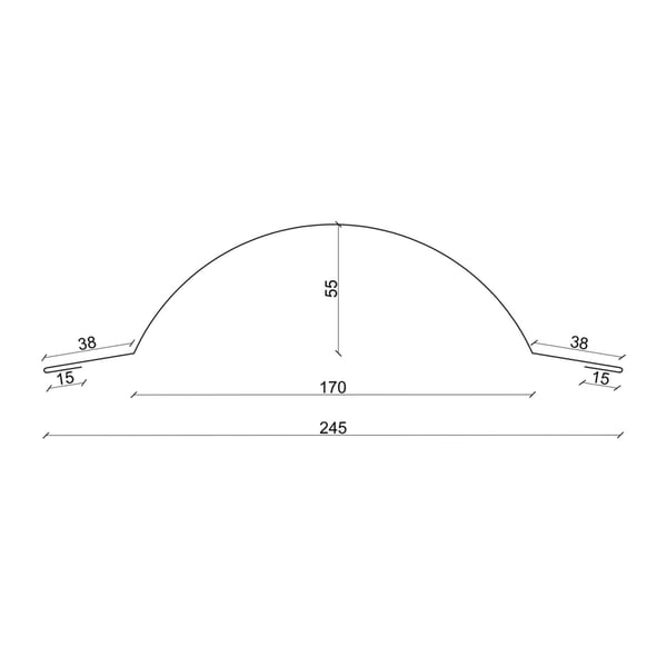 Technische tekening nokvorst halfrond klein met afmetingen 245 mm totale breedte, 55 mm hoogte