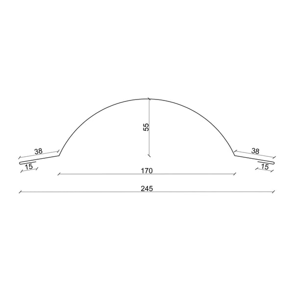 Technische tekening van de nokvorst halfrond klein met afmetingen: breedte 245 mm, hoogte 55 mm