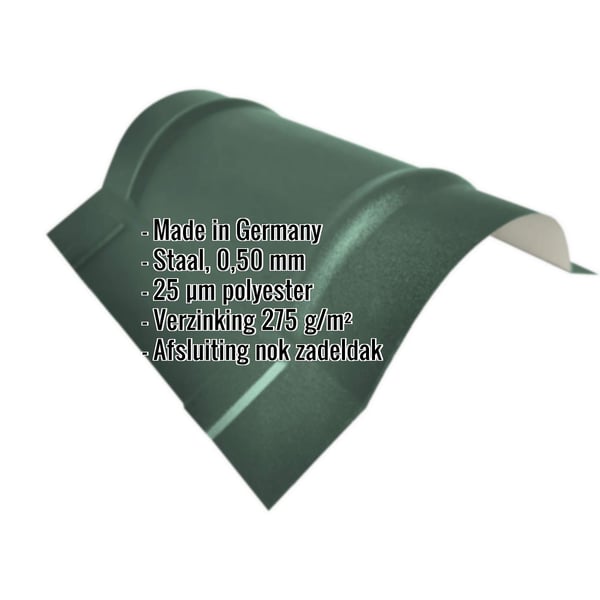 Nokvorst halfrond klein mosgroen (RAL 6005) staal 0,50 mm met polyester coating, specificaties getoond