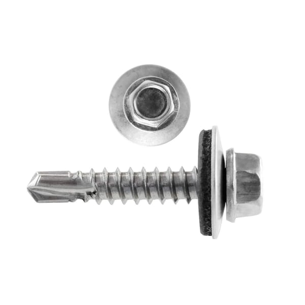 RVS schroef Zilver-Metallic met zeskantkop, sluitring en afdichting, plus bovenaanzicht van de kop