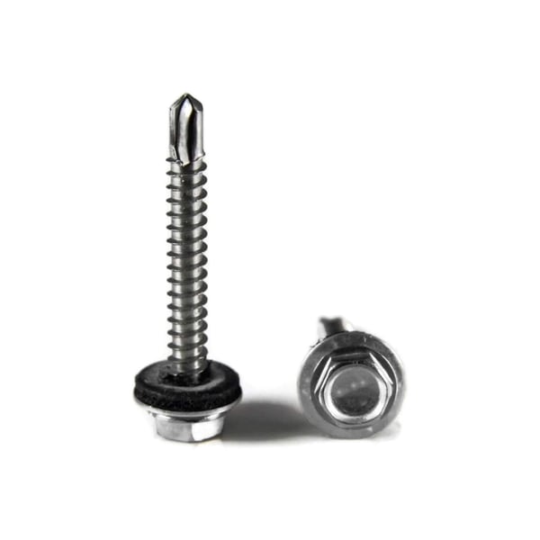 RVS schroeven Zilver-Metallic, zeskantkop met afdichtring, boorpunt, één schroef staand, één liggend