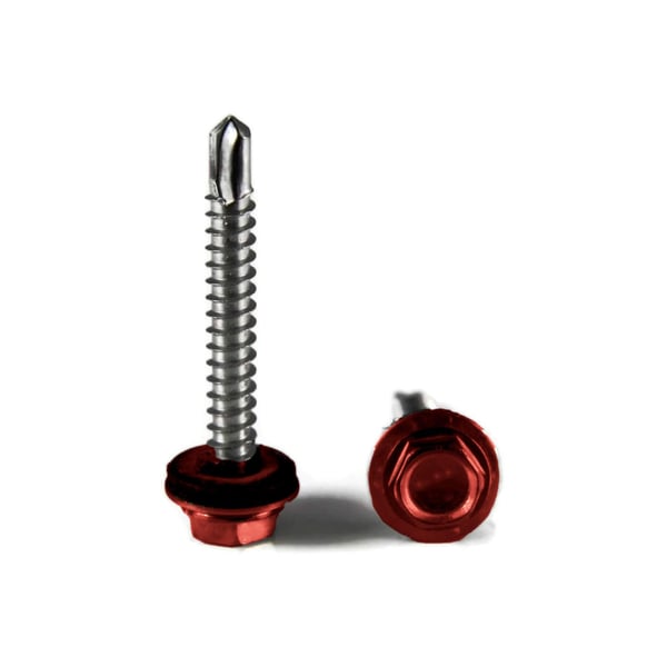 RVS schroeven, bruinrood RAL 3011, zeskantkop met afdichtring, boorpunt