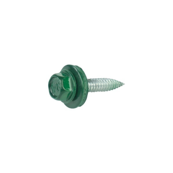 RVS schroef Weckman mosgroen RAL 6005 met afdichtring, detail kop en schroefdraad