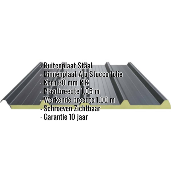 Sandwichpaneel ECO 1000-30 dak, antracietgrijs, met ingebedde specificaties over materiaal en afmetingen