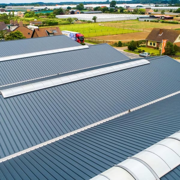 Dakoverzicht met antracietgrijze sandwichpanelen Roof 1000-40 en lichtkoepels
