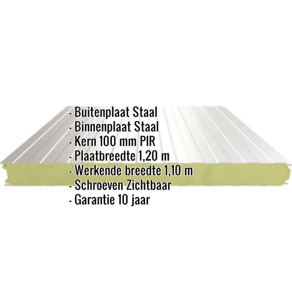 Sandwichpaneel Wall 1100 80, Grijswit, met ingebouwde gegevens zoals materiaal, breedte en garantie