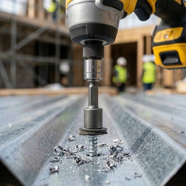 Metalen schroefbit RVS blank in gebruik met accuboormachine op damwandplaat