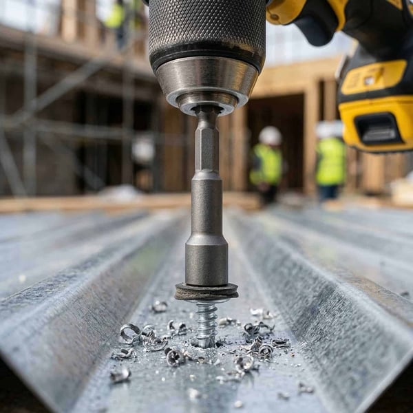 Metalen schroefbit RVS blank bij het indraaien van een schroef in damwandplaat