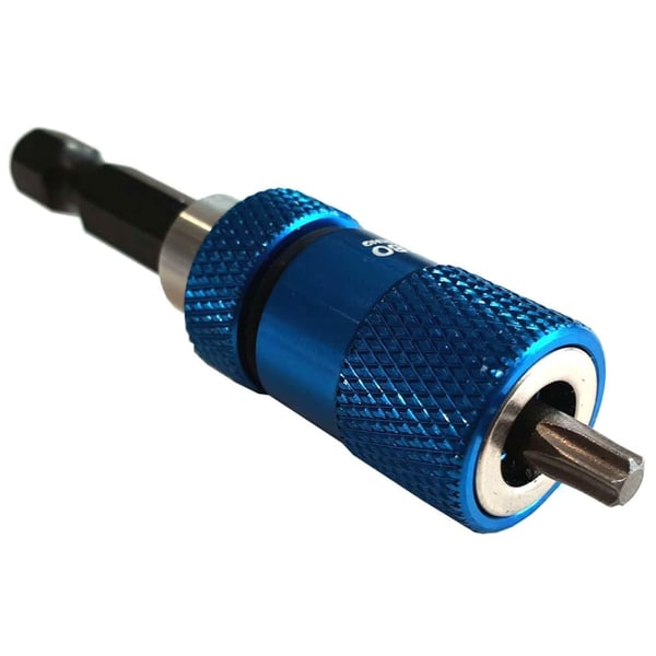 Metalen schroevendraaierbit van Polmetal, blank RVS, blauwe bithouder met karteling