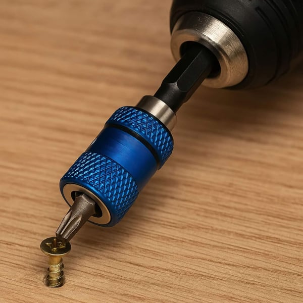 Metalen schroevendraaierbit van Polmetal, blank RVS, blauwe bithouder in boormachine met schroef