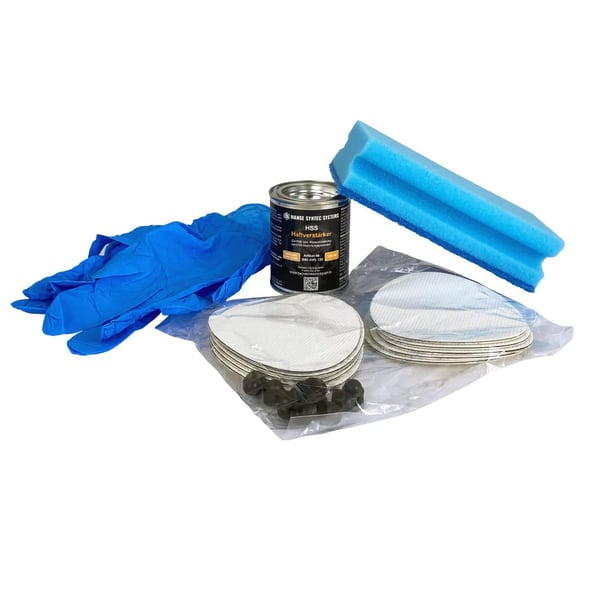 Schroef reparatiepleister set met witte EPDM pleisters, handschoenen, lijm en spons
