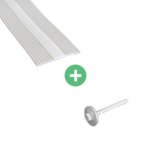 Profielvuller en blanke RVS-schroef met afdichtring, ernaast groen plus-symbool