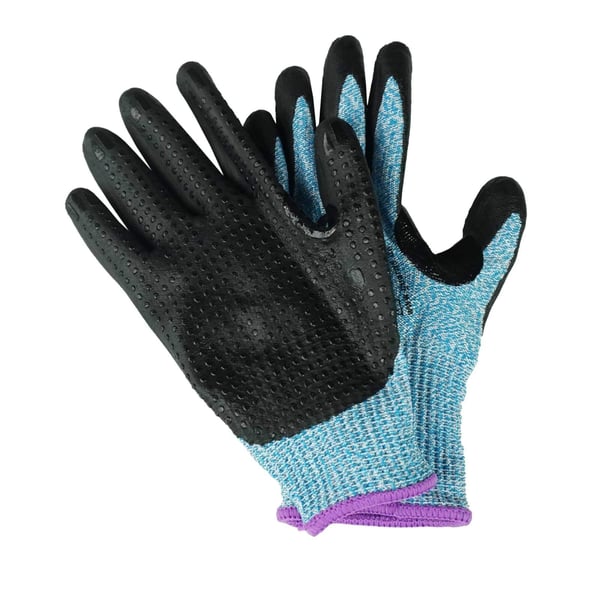 Snijhandschoenen van blauw nylon, handpalmen met zwarte genopte rubberlaag, handrug glad