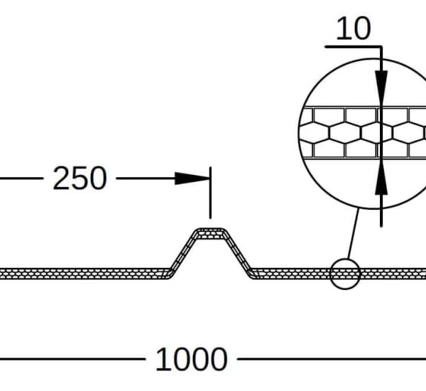 Technische tekening van een profielplaat met afmetingen en detail van de 10mm honingraatstructuur