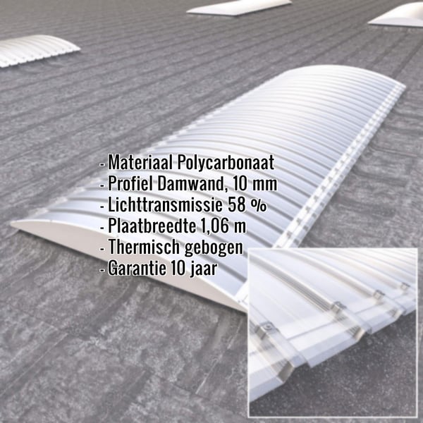 Gebogen polycarbonaat lichtplaat 10mm, helder, met ingebedde productgegevens