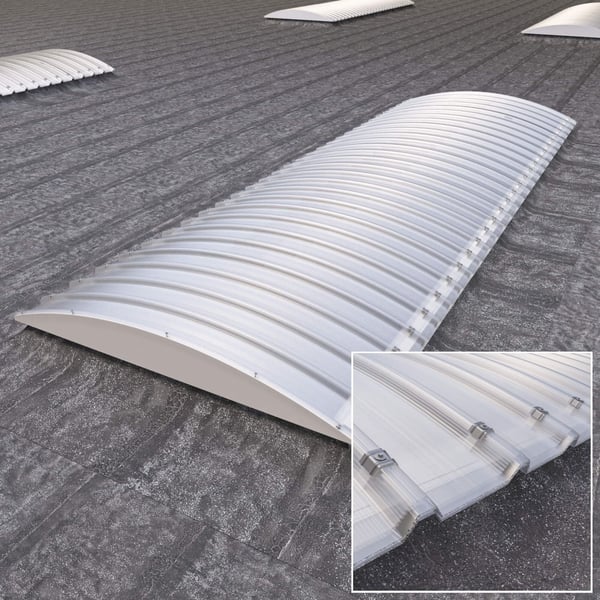 Gebogen lichtplaat polycarbonaat 20mm, hoofdaanzicht op een dak, detail van de bevestiging