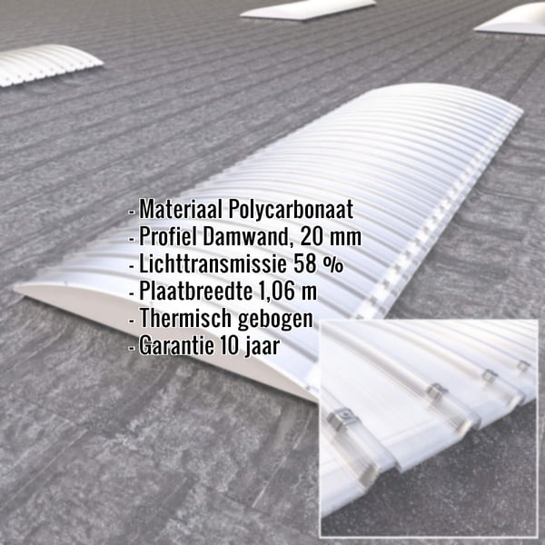Gebogen lichtplaat polycarbonaat 20mm, helder, met ingebedde productgegevens