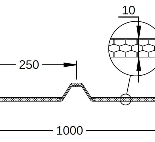 Technische tekening van de profielplaat met afmetingen 1000 mm breedte, 250 mm golfafstand, 38 mm hoogte