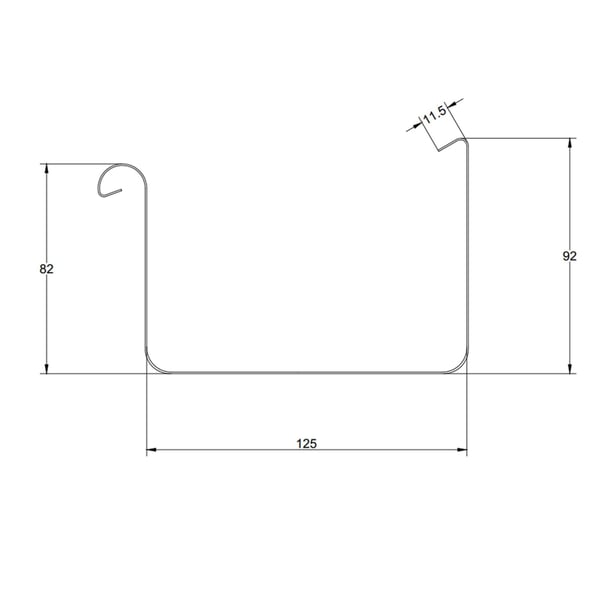 Technische tekening van de stalen bakgoot, dwarsdoorsnede met afmetingen 125 mm breedte, 82 mm en 92 mm hoogte