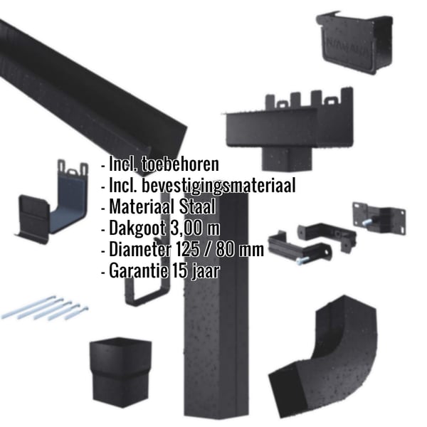 Stalen bakgoot voordeelpakket, gitzwart RAL 9005, met accessoires en ingebouwde specificaties