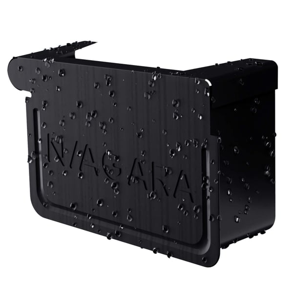 Stalen goot eindstuk, gitzwart RAL 9005, met Niagara logo en waterdruppels