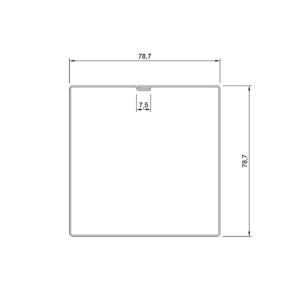 Technische tekening van de regenpijp met afmetingen 78,7 mm breedte en hoogte, 7,5 mm vouw