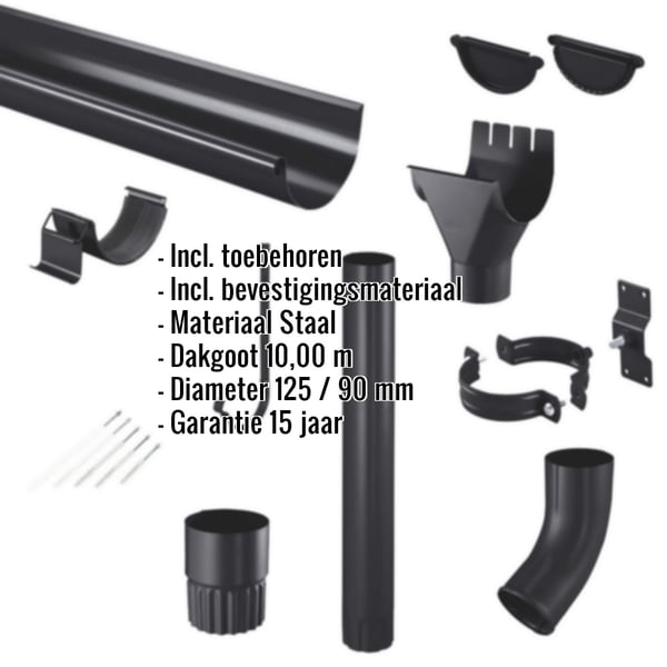 Niagara stalen dakgoten set gitzwart RAL 9005, met ingebedde productinformatie over materiaal en afmetingen