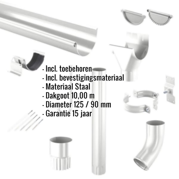 Stalen dakgoten set, zilver-metallic, met ingebedde lijst van productkenmerken en afmetingen
