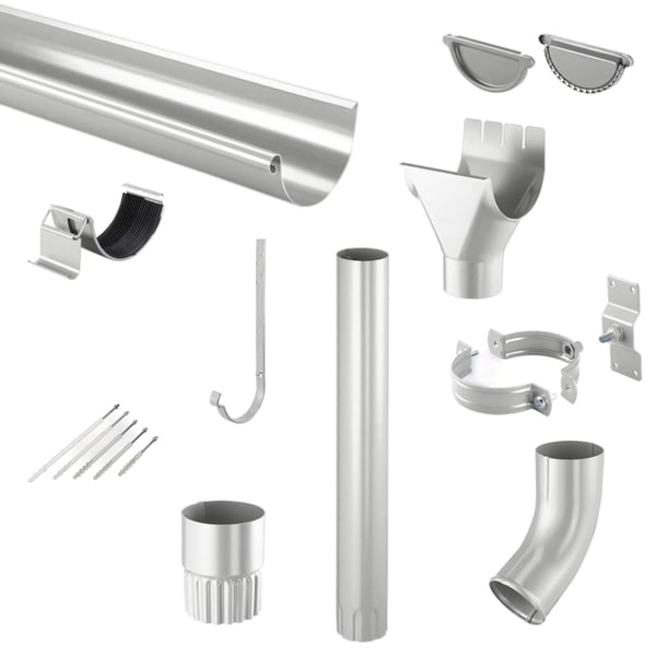 Stalen dakgoten set, zilver-metallic, met alle onderdelen zoals dakgoot, regenpijp, beugels en schroeven