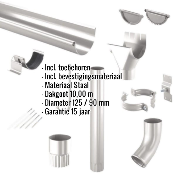 Niagara stalen dakgoten set, grijs aluminiumkleurig, met ingebedde productinformatie