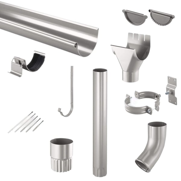 Niagara stalen dakgoten set, grijs aluminiumkleurig, met alle onderdelen en bevestigingsmateriaal