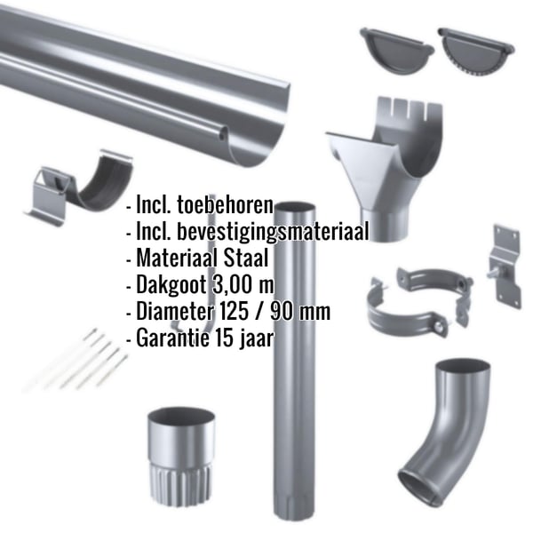 Stalen dakgoot voordeelpakket in grafietgrijs (RAL 7024) met accessoires en ingebedde specificaties
