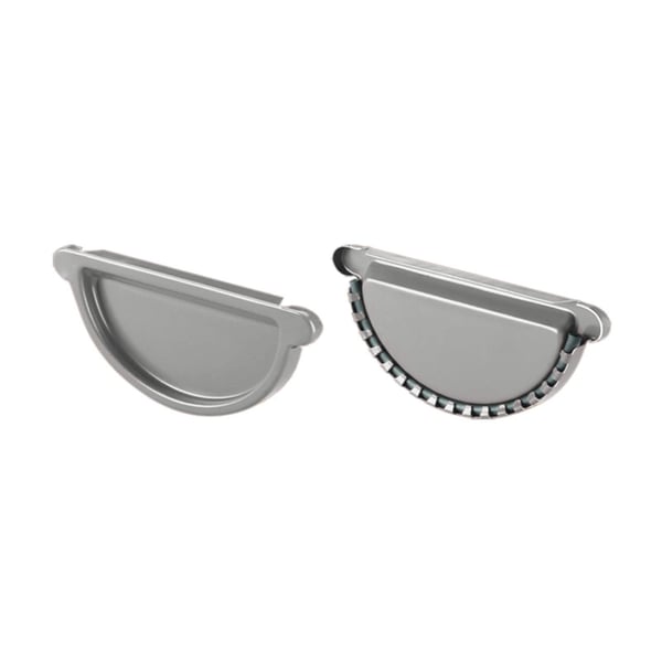 Twee dakgoot eindstukken van staal in zilver-metallic, links gesloten, rechts met afdichting