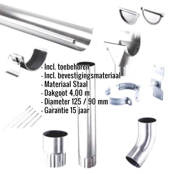 Stalen dakgoot voordeelpakket verzinkt, met ingebouwde productgegevens over materiaal en afmetingen