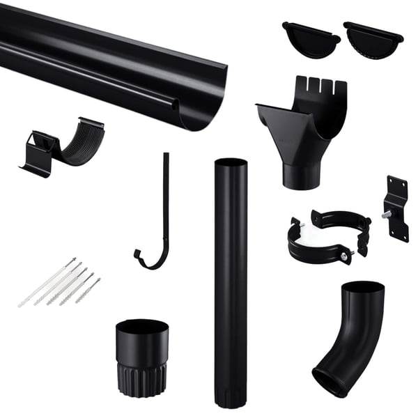Stalen dakgoten set, gitzwart RAL 9005, met diverse onderdelen zoals goot, buis, bochten en beugels