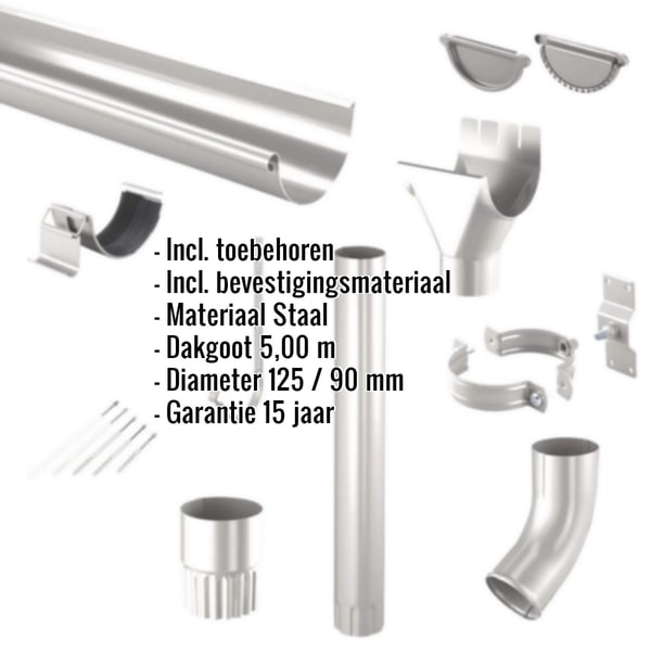 Stalen dakgoten set grijs aluminiumkleurig met ingebedde productinformatie