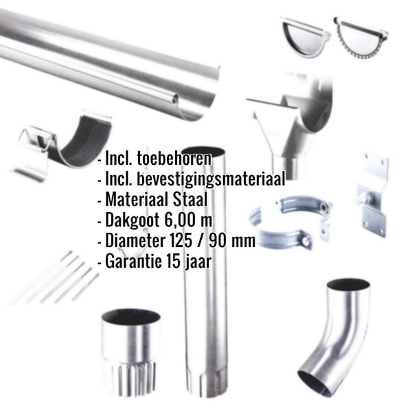 Stalen dakgoot voordeelpakket verzinkt, infografiek met accessoires en specificaties