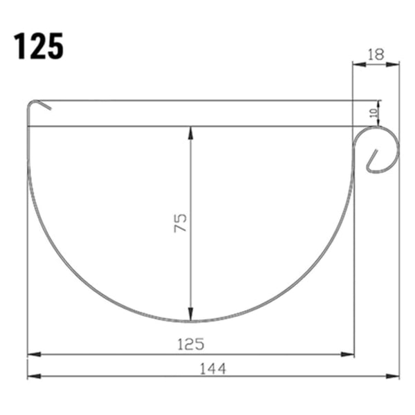 Technische tekening van een halfronde dakgoot (125 mm) met afmetingen