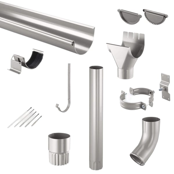Stalen dakgoten set grijs aluminiumkleurig met diverse onderdelen zoals goot, bochten en beugels