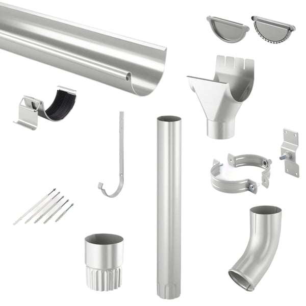 Complete set stalen dakgoten Zilver-Metallic, inclusief buizen, beugels en accessoires