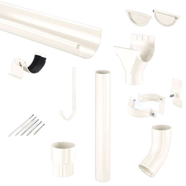 Niagara dakgoten set van zuiverwit staal (RAL 9010) met 50 µm Polyurethan coating, alle componenten
