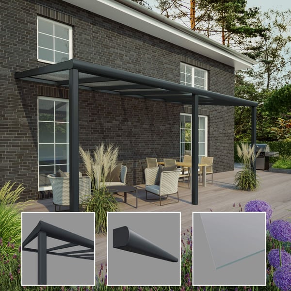 Terrasoverkapping in RAL 7016 met 8,00 mm glasdak en detailweergaven van paal, goot en glas