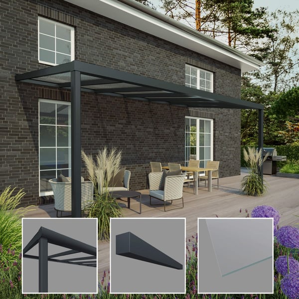 Terrasoverkapping RAL 7016 met 8,00 mm glazen dak en detailweergaven van paal, goot en glas