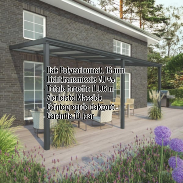 Terrasoverkapping RAL 7016 met 16 mm polycarbonaat dak, met ingebedde specificaties zoals lichttransmissie en breedte