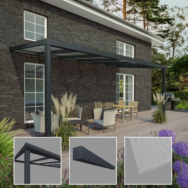 Terrasoverkapping Sunrooms 16 mm in RAL 7016, met detailweergaven van profiel en plaat