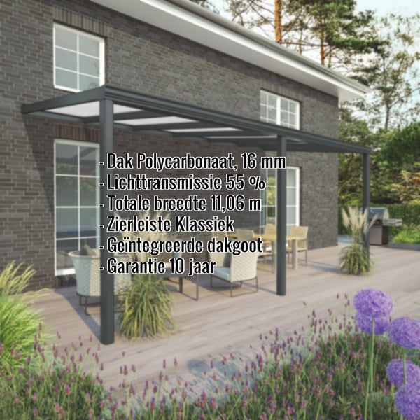 Terrasoverkapping RAL 7016 met polycarbonaat dak 16 mm, kerngegevens weergegeven