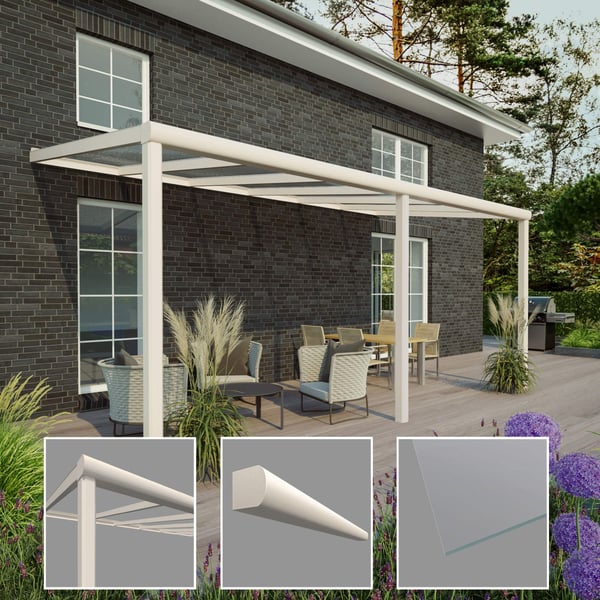 Terrasoverkapping RAL 9001, toepassingsvoorbeeld met detailweergaven van profiel, sierlijst en glas