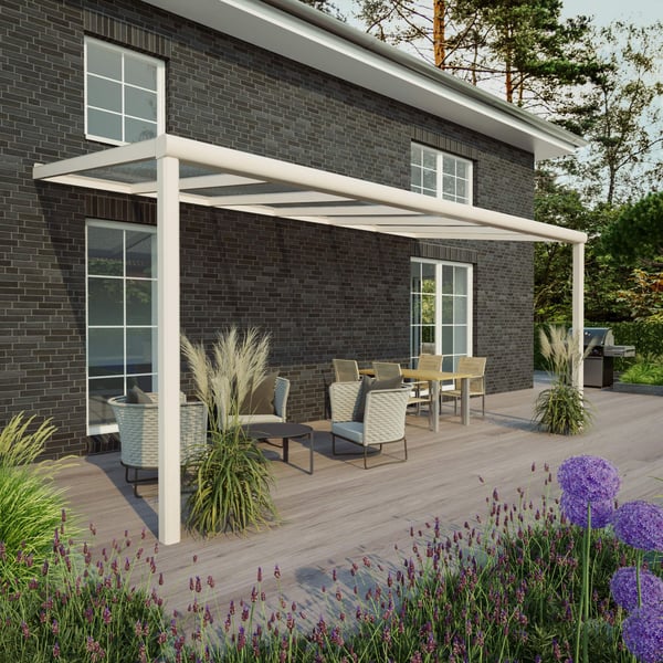 Terrasoverkapping Sunrooms RAL 9001, 16 mm polycarbonaat, aan donker huis