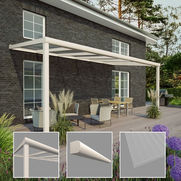 Terrasoverkapping Sunrooms RAL 9001, 16 mm polycarbonaat, met detailweergaven van profiel en plaat