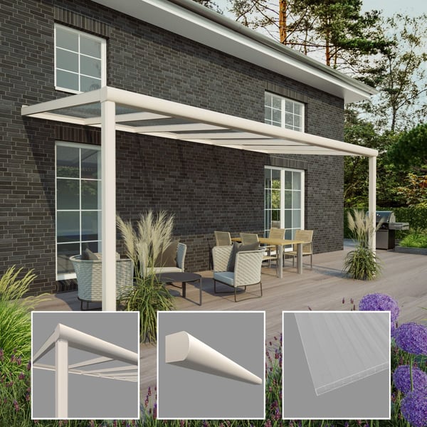 Terrasoverkapping RAL 9001, detailweergaven van paal, profiel en 16 mm polycarbonaatplaat